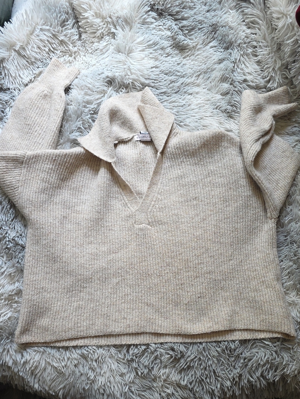 Sincerely Jules Cream V-Neck Collared Knit Sweater